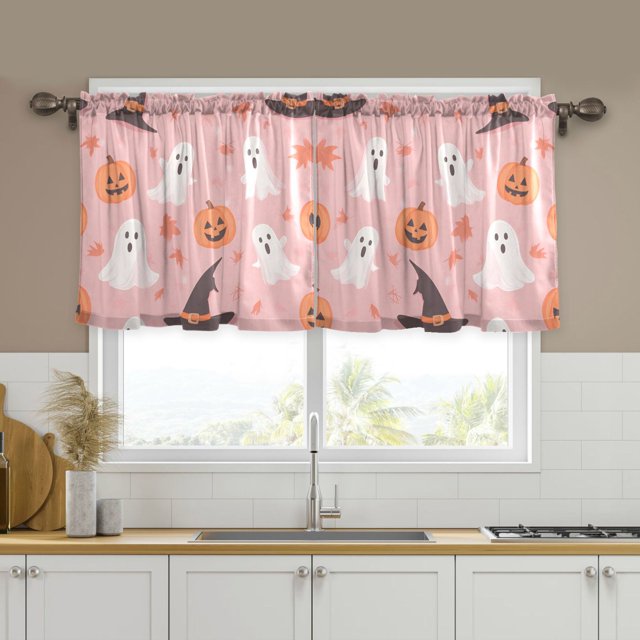 Yayeee Kitchen Curtains Set of 2 Light Filtering 57"x36" Over Sink Window Panels, Cute Pink Halloween