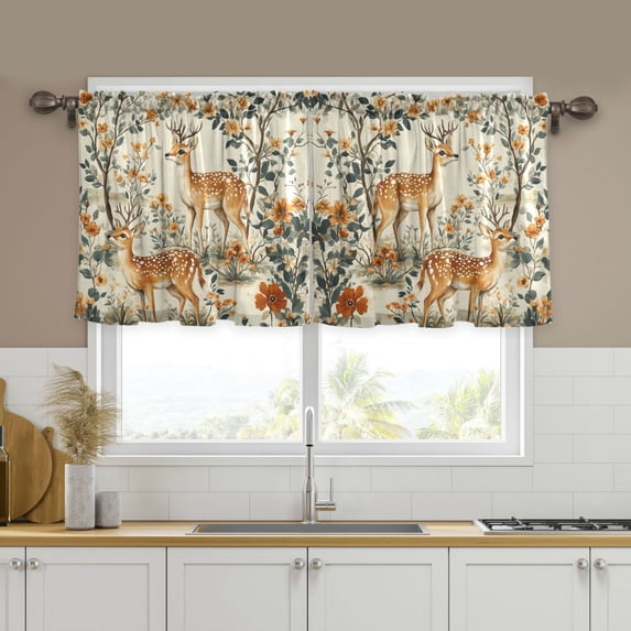Yayeee Kitchen Curtains Tier Set of 2 Light Filtering 57"x36" Over Sink Window Panels, Deer Pattern