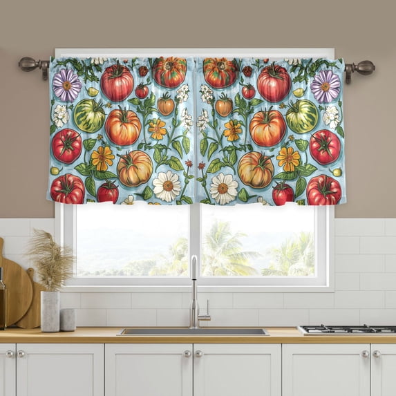 Yayeee Kitchen Curtains Tier Set of 2 Light Filtering 57"x36" Over Sink Window Panels, Floral Tomatoes