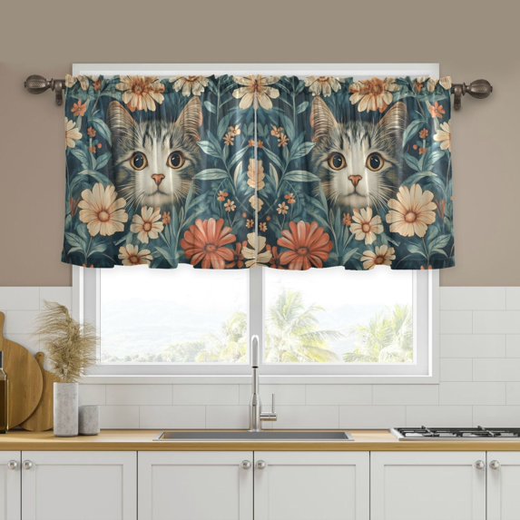 Yayeee Kitchen Curtains Set of 2 Light Filtering 57"x36" Over Sink Window Panels, Flowers Cat