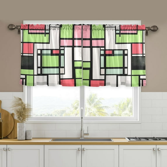 Yayeee Kitchen Curtains Tier Set of 2 Light Filtering 57"x36" Over Sink Window Panels, Green Abstract Geometric