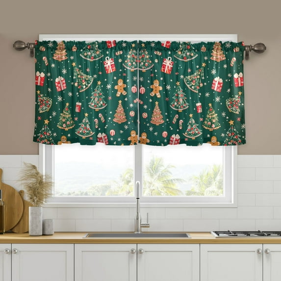 Yayeee Kitchen Curtains Tier Set of 2 Light Filtering 57"x36" Over Sink Window Panels, Green Christmas Gingerbread