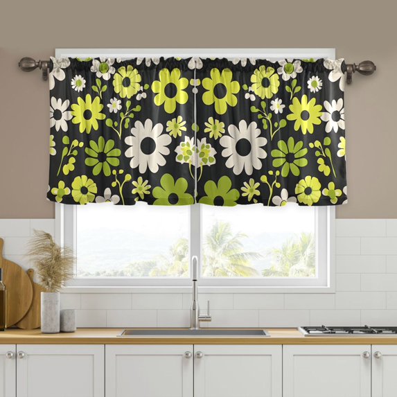 Yayeee Kitchen Curtains Tier Set of 2 Light Filtering 57"x36" Over Sink Window Panels, Green Flower Pattern