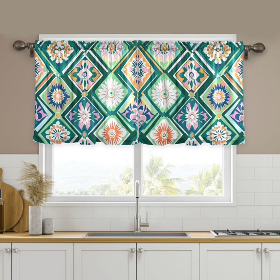 Yayeee Kitchen Curtains Set of 2 Light Filtering 57"x36" Over Sink Window Panels, Green Geometric Flowers