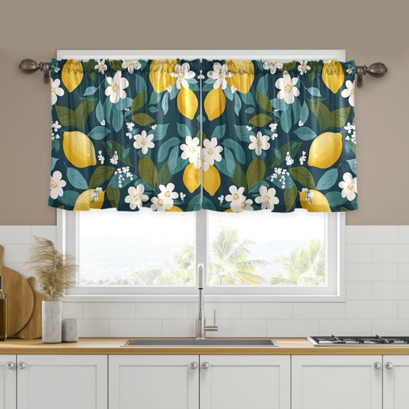 Yayeee Kitchen Curtains Tier Set of 2 Light Filtering 57"x36" Over Sink Window Panels, Green Lemon Leaves