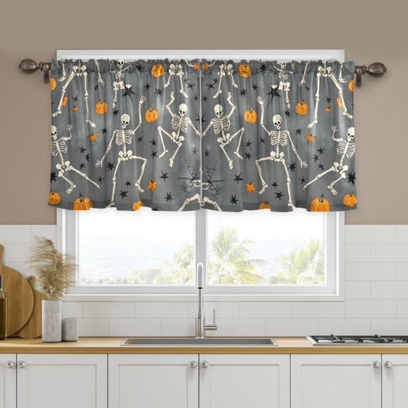 Yayeee Kitchen Curtains Tier Set of 2 Light Filtering 57"x36" Over Sink Window Panels, Halloween Dancing Skeleton