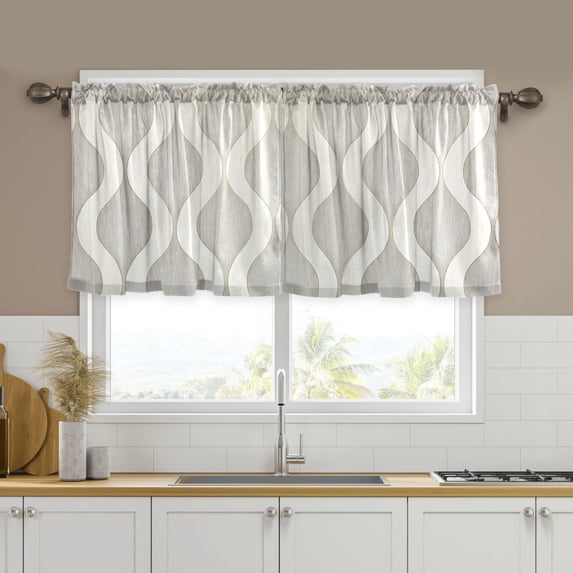 Yayeee Kitchen Curtains Tier Set of 2 Light Filtering 57"x36" Over Sink Window Panels, Light Gray Pattern
