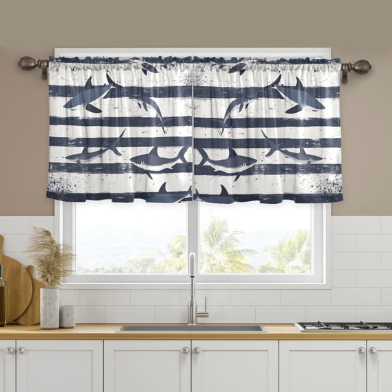 Yayeee Kitchen Curtains Tier Set of 2 Light Filtering 57"x36" Over Sink Window Panels, Light Sharks
