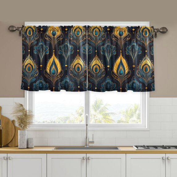 Yayeee Kitchen Curtains Tier Set of 2 Light Filtering 57"x36" Over Sink Window Panels, Navy Blue Art Pattern