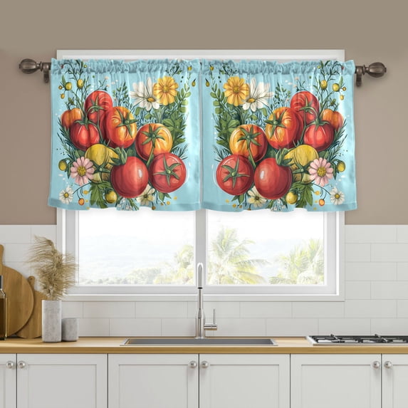 Yayeee Kitchen Curtains Tier Set of 2 Light Filtering 57"x36" Over Sink Window Panels, Orange Floral Tomatoes