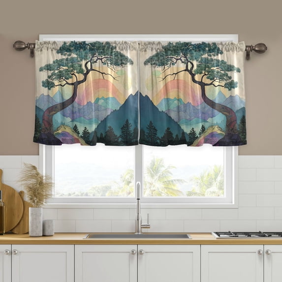 Yayeee Kitchen Curtains Tier Set of 2 Light Filtering 57"x36" Over Sink Window Panels, Pine Tree Rainbow