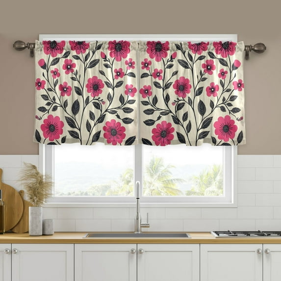 Yayeee Kitchen Curtains Tier Set of 2 Light Filtering 57"x36" Over Sink Window Panels, Pink Flowers