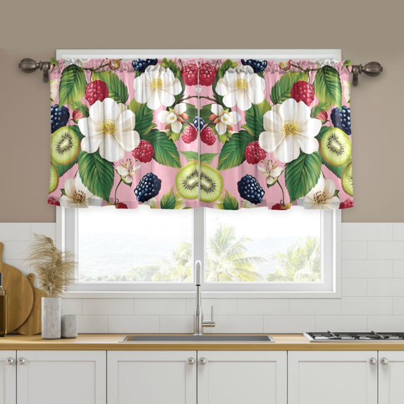 Yayeee Kitchen Curtains Set of 2 Light Filtering 57"x36" Over Sink Window Panels, Pink Raspberries
