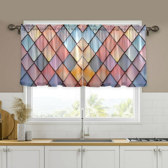 Yayeee Kitchen Curtains Tier Set of 2 Light Filtering 57"x36" Over Sink Window Panels, Pink Shimmering Pattern