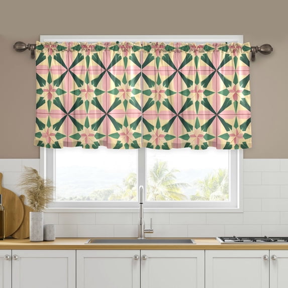 Yayeee Kitchen Curtains Tier Set of 2 Light Filtering 57"x36" Over Sink Window Panels, Pink Symmetrical Stars