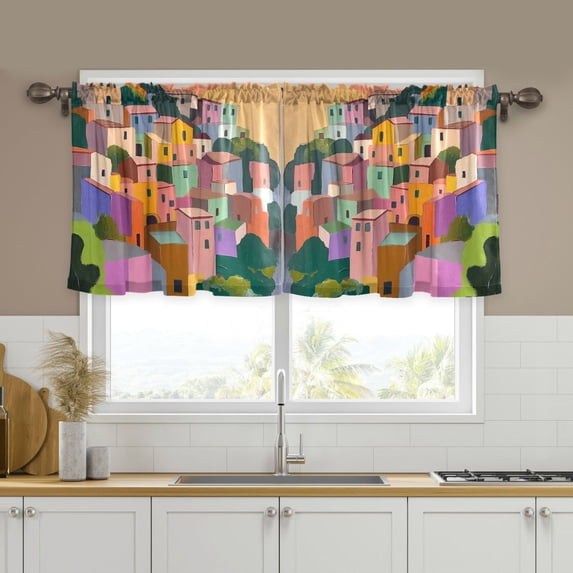 Yayeee Kitchen Curtains Tier Set of 2 Light Filtering 57"x36" Over Sink Window Panels, Purple Cityscape Painting
