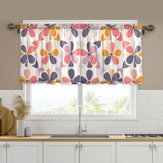 Yayeee Kitchen Curtains Tier Set of 2 Light Filtering 57"x36" Over Sink Window Panels, Purple Retro Flower