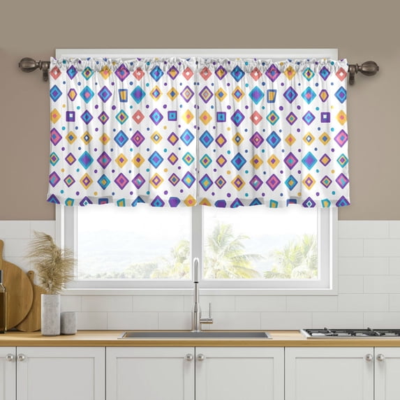 Yayeee Kitchen Curtains Tier Set of 2 Light Filtering 57"x36" Over Sink Window Panels, Purple Retro Shapes