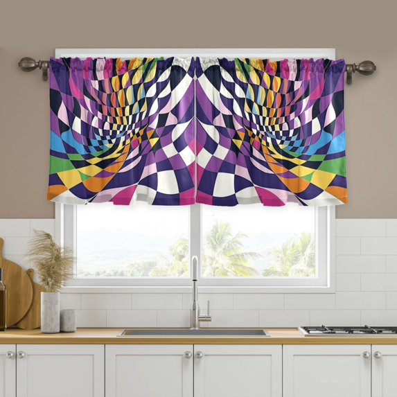 Yayeee Kitchen Curtains Tier Set of 2 Light Filtering 57"x36" Over Sink Window Panels, Purple Wavy Plaid