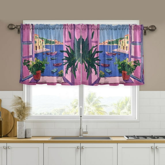 Yayeee Kitchen Curtains Tier Set of 2 Light Filtering 57"x36" Over Sink Window Panels, Purple Window Scene