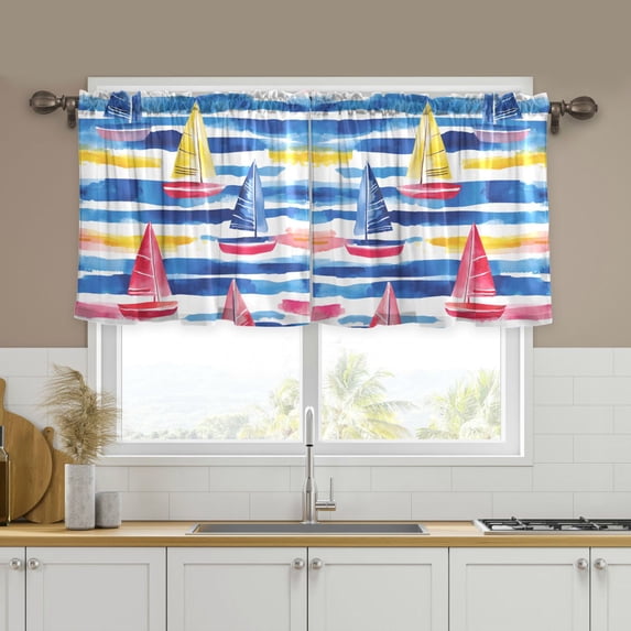 Yayeee Kitchen Curtains Tier Set of 2 Light Filtering 57"x36" Over Sink Window Panels, Red Hand Drawn Sailboats