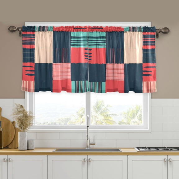 Yayeee Kitchen Curtains Tier Set of 2 Light Filtering 57"x36" Over Sink Window Panels, Red Teal Plaid
