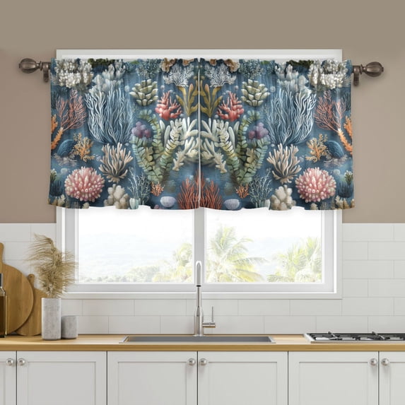 Yayeee Kitchen Curtains Tier Set of 2 Light Filtering 57"x36" Over Sink Window Panels, Sea Plants Pattern