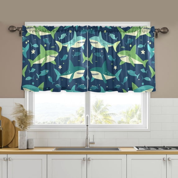 Yayeee Kitchen Curtains Tier Set of 2 Light Filtering 57"x36" Over Sink Window Panels, Sharks Pattern