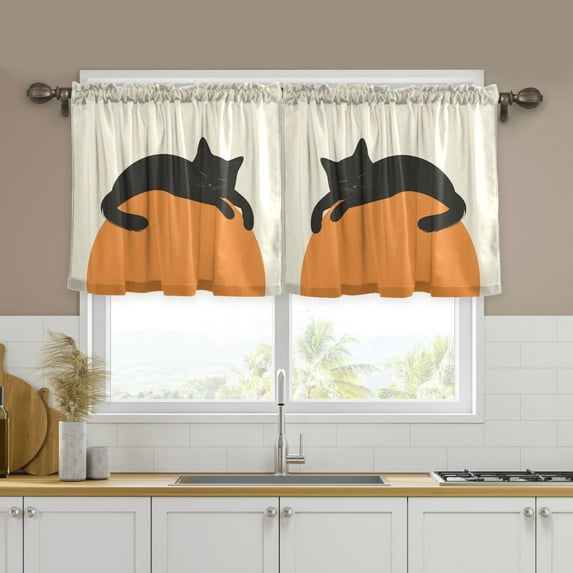 Yayeee Kitchen Curtains Set of 2 Light Filtering 57"x36" Over Sink Window Panels, Sleeping Black Cat
