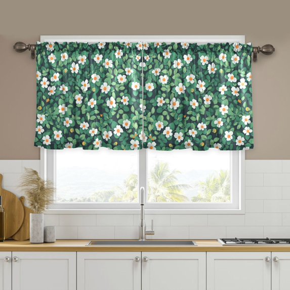 Yayeee Kitchen Curtains Tier Set of 2 Light Filtering 57"x36" Over Sink Window Panels, Small White Flowers