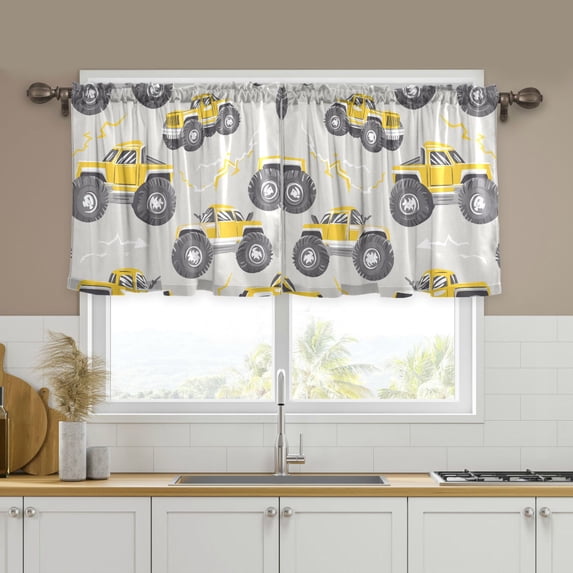 Yayeee Kitchen Curtains Tier Set of 2 Light Filtering 57"x36" Over Sink Window Panels, Trucks Pattern