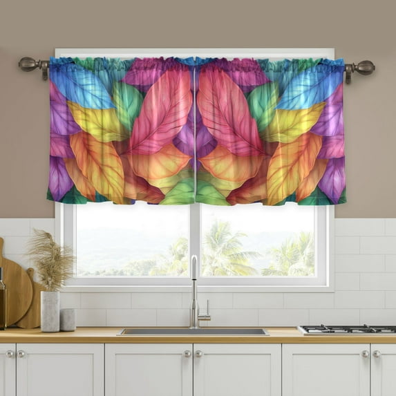 Yayeee Kitchen Curtains Tier Set of 2 Light Filtering 57"x36" Over Sink Window Panels, Vibrant Leaves Pattern