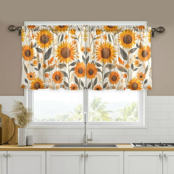 Yayeee Kitchen Curtains Tier Set of 2 Light Filtering 57"x36" Over Sink Window Panels, Watercolor Sunflowers and Leaves