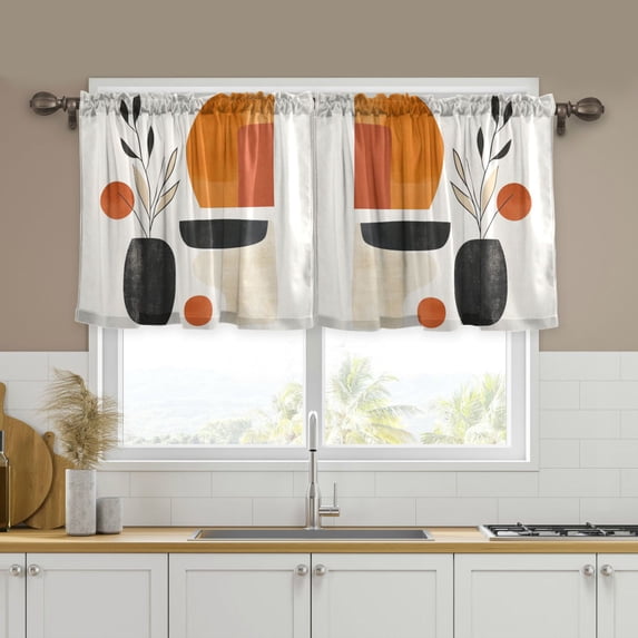 Yayeee Kitchen Curtains Tier Set of 2 Light Filtering 57"x36" Over Sink Window Panels, White Abstract Shapes