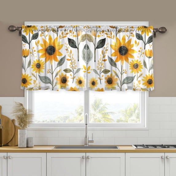 Yayeee Kitchen Curtains Tier Set of 2 Light Filtering 57"x36" Over Sink Window Panels, White Watercolor Sunflowers