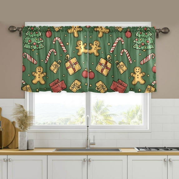 Yayeee Kitchen Curtains Tier Set of 2 Light Filtering 57"x36" Over Sink Window Panels, Yellow Christmas Gingerbread