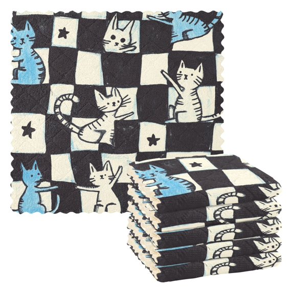 Yayeee 6 Pack Kitchen Dish Cloths for Washing Dishes Soft Absorbent Microfiber Towels, Blue and White Cat