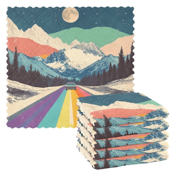 Yayeee 6 Pack Kitchen Dish Cloths for Washing Dishes Soft Absorbent Microfiber Towels, Colorful Road at Night