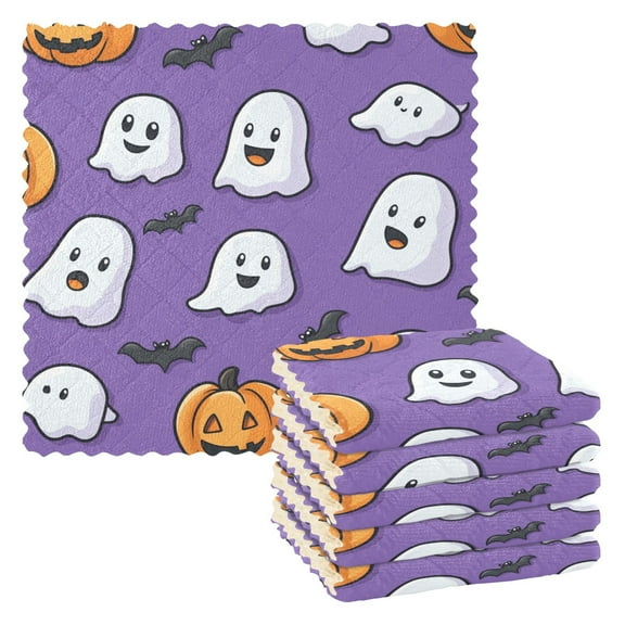 Yayeee 6 Pack Kitchen Dish Cloths for Washing Dishes Soft Absorbent Microfiber Towels, Halloween Ghosts Purple