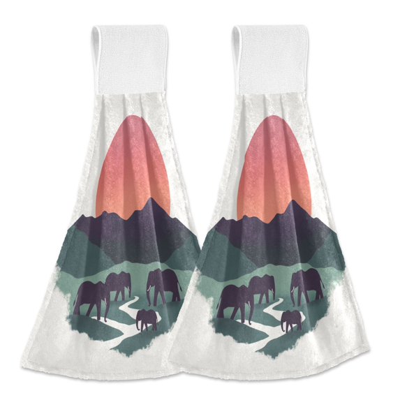 Yayeee Kitchen Hanging Hand Towels Set of 2 with Loop Bathroom Absorbent Tie Towel, Abstract Elephant