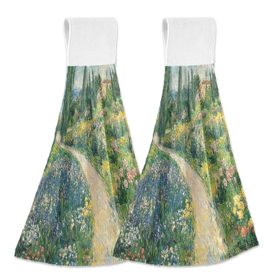 Yayeee Kitchen Hanging Hand Towels Set of 2 with Loop Bathroom Absorbent Tie Towel, Art Garden Scene