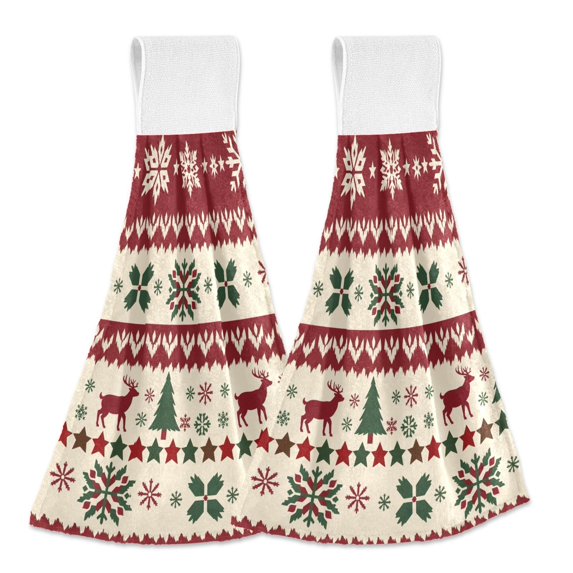 Yayeee Kitchen Hanging Hand Towels Set of 2 with Loop Bathroom Absorbent Tie Towel, Beige Christmas Deer Pattern