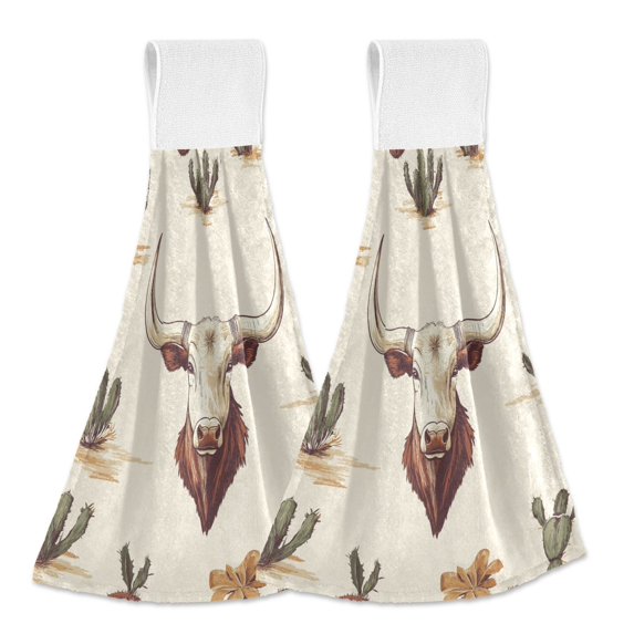 Yayeee Kitchen Hanging Hand Towels Set of 2 with Loop Bathroom Absorbent Tie Towel, Beige Cowboy Pattern