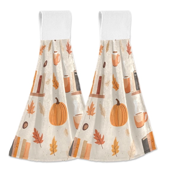 Yayeee Kitchen Hanging Hand Towels Set of 2 with Loop Bathroom Absorbent Tie Towel, Beige Fall Acorns Pattern