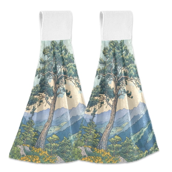 Yayeee Kitchen Hanging Hand Towels Set of 2 with Loop Bathroom Absorbent Tie Towel, Beige Mountain