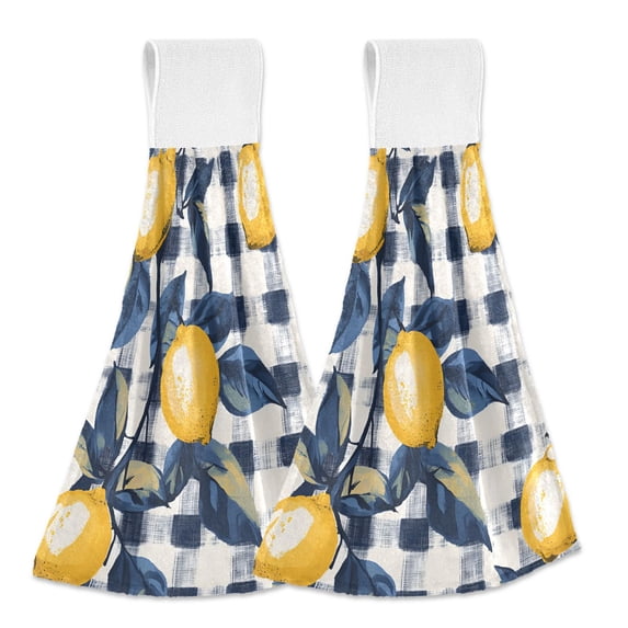 Yayeee Kitchen Hanging Hand Towels Set of 2 with Loop Bathroom Absorbent Tie Towel, Beige Plaid Lemon