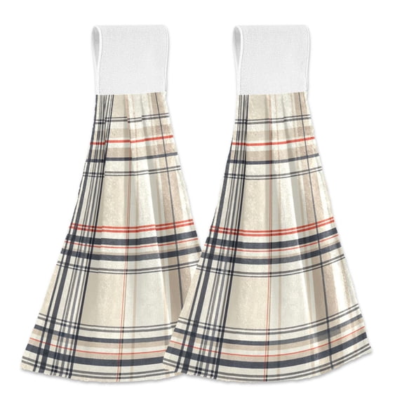 Yayeee Kitchen Hanging Hand Towels Set of 2 with Loop Bathroom Absorbent Tie Towel, Beige Plaid Pattern