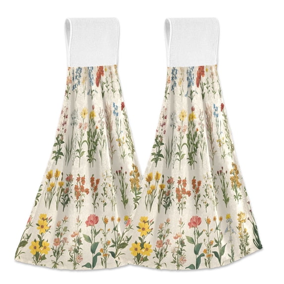 Yayeee Kitchen Hanging Hand Towels Set of 2 with Loop Bathroom Absorbent Tie Towel, Beige Wildflowers