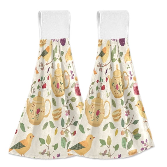 Yayeee Kitchen Hanging Hand Towels Set of 2 with Loop Bathroom Absorbent Tie Towel, Birds Tea Time