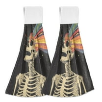 Yayeee Kitchen Hanging Hand Towels Set of 2 with Loop Bathroom Absorbent Tie Towel, Black Skeleton